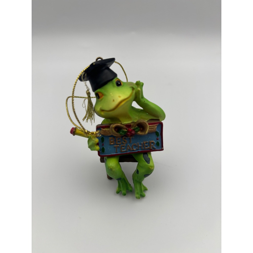 Best Teacher Frog Ornament Graduation Cap Pencil Resin Figurine Green Spotted